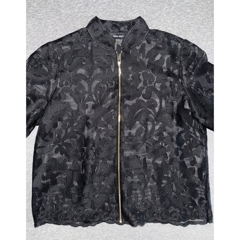 Nine West Women Black Sheer Floral Lace Zip Up Jacket Size 10 Gothic Romantic